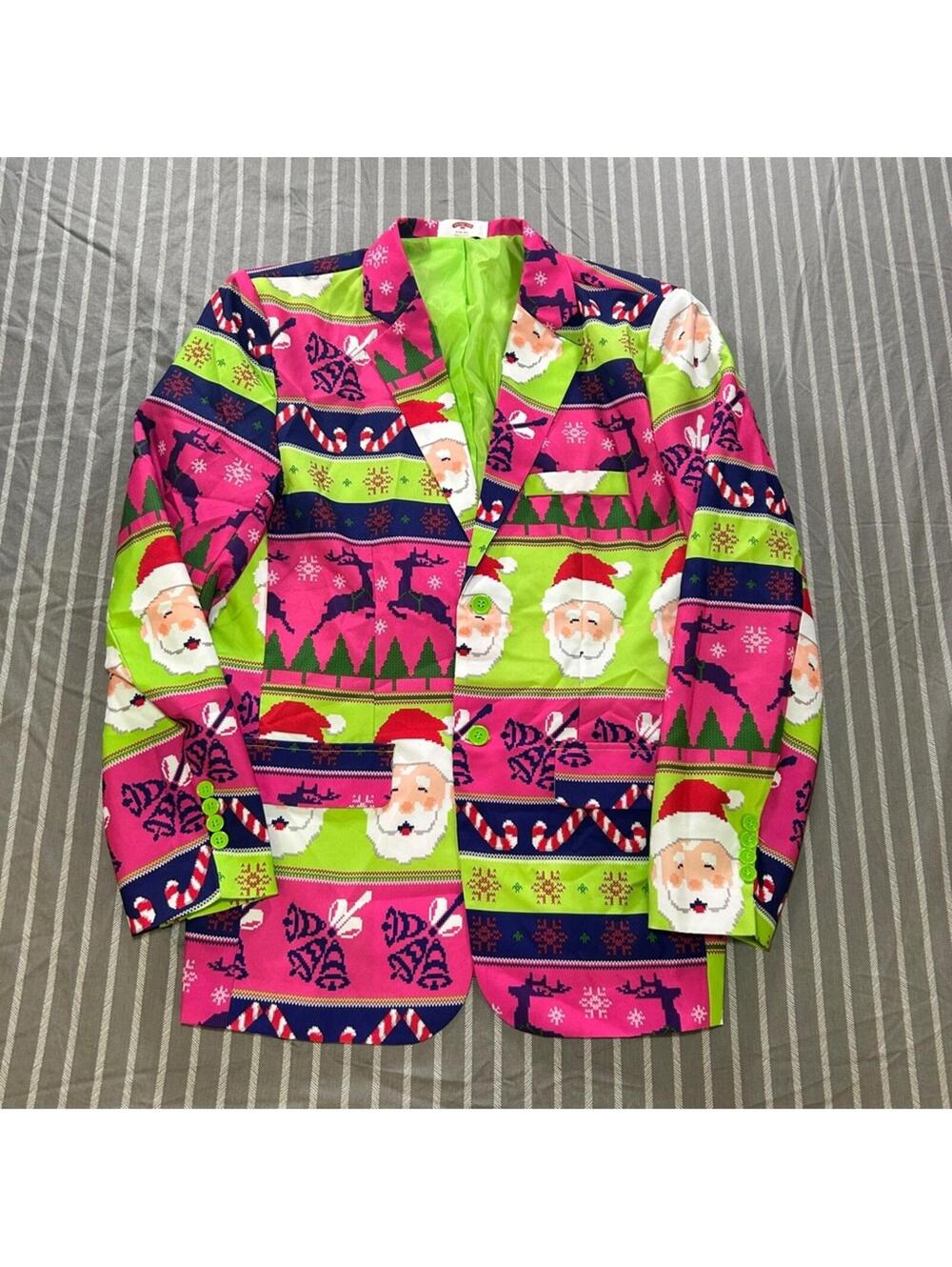 Men's Suit Blazer Ugly Christmas Sweater Tie Pink Green Santa Reindeer small